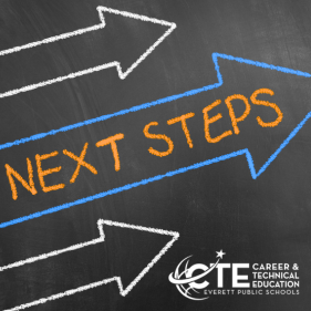 CTE next steps image with blue and orange arrows on a chalkboard